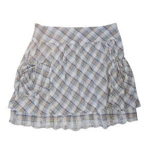Vintage Y2K Venezia Light Blue Plaid Cotton Tiered Mini Skirt 18